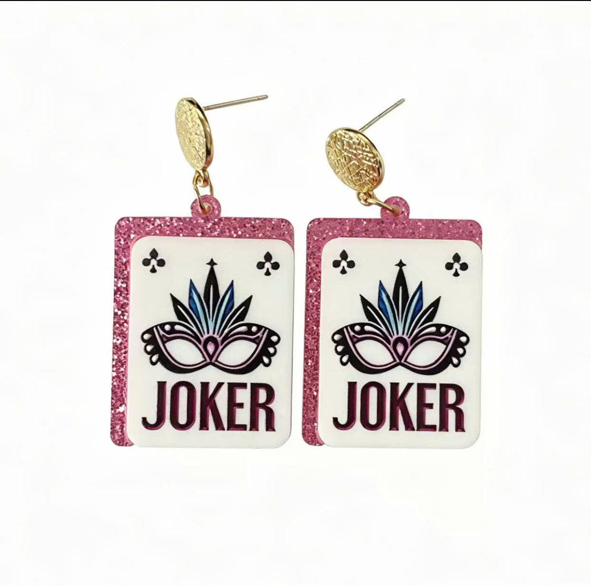 Joker Card Dangle Earrings – Pink Glitter Edges
