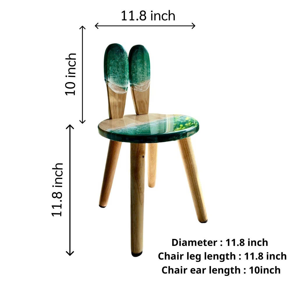 Turquoise resin kids chair with wood frame – front view