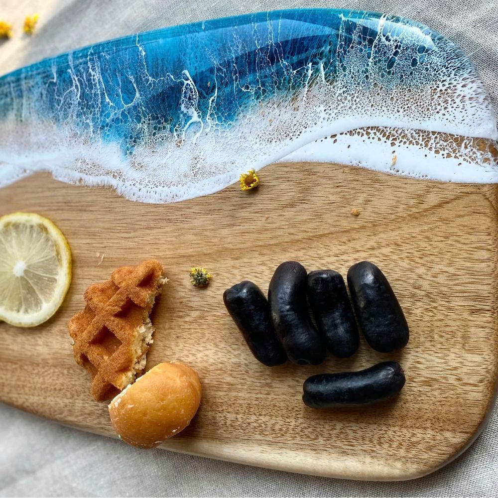 Acacia wood resin cutting board with mini knife and fork set included