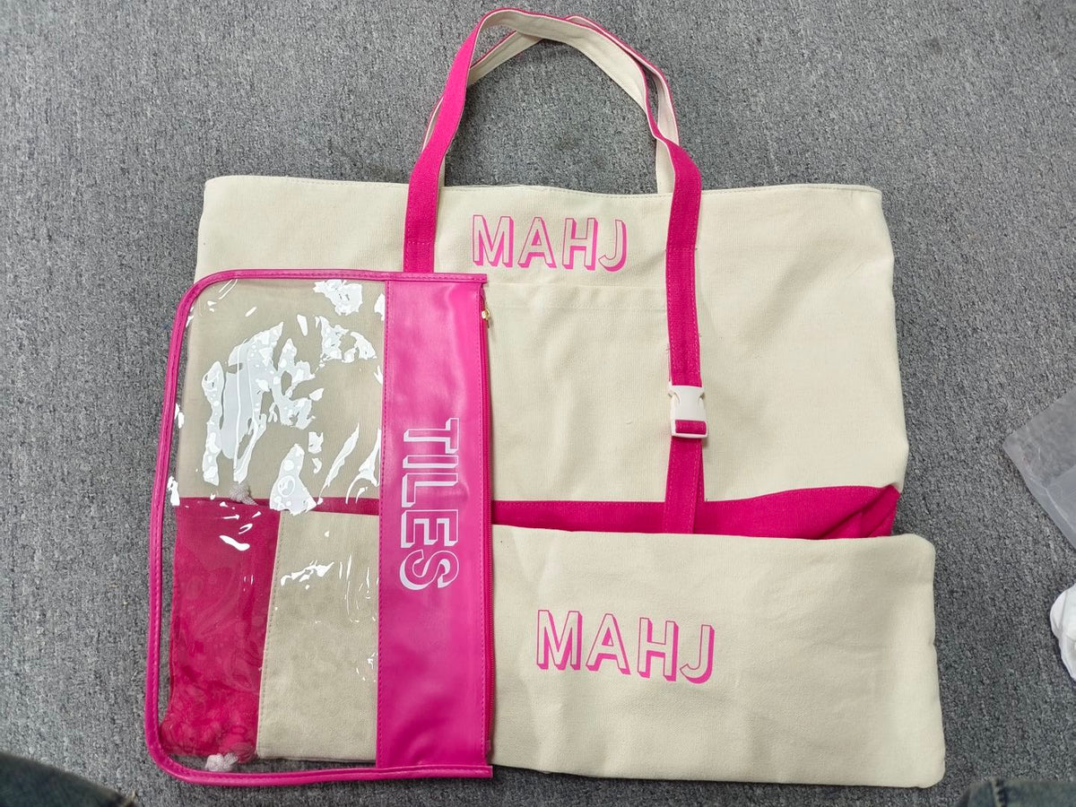 Mahjong Travel Tote Set – Canvas & Pink Trim (3-Piece Organizer Bag Set)
