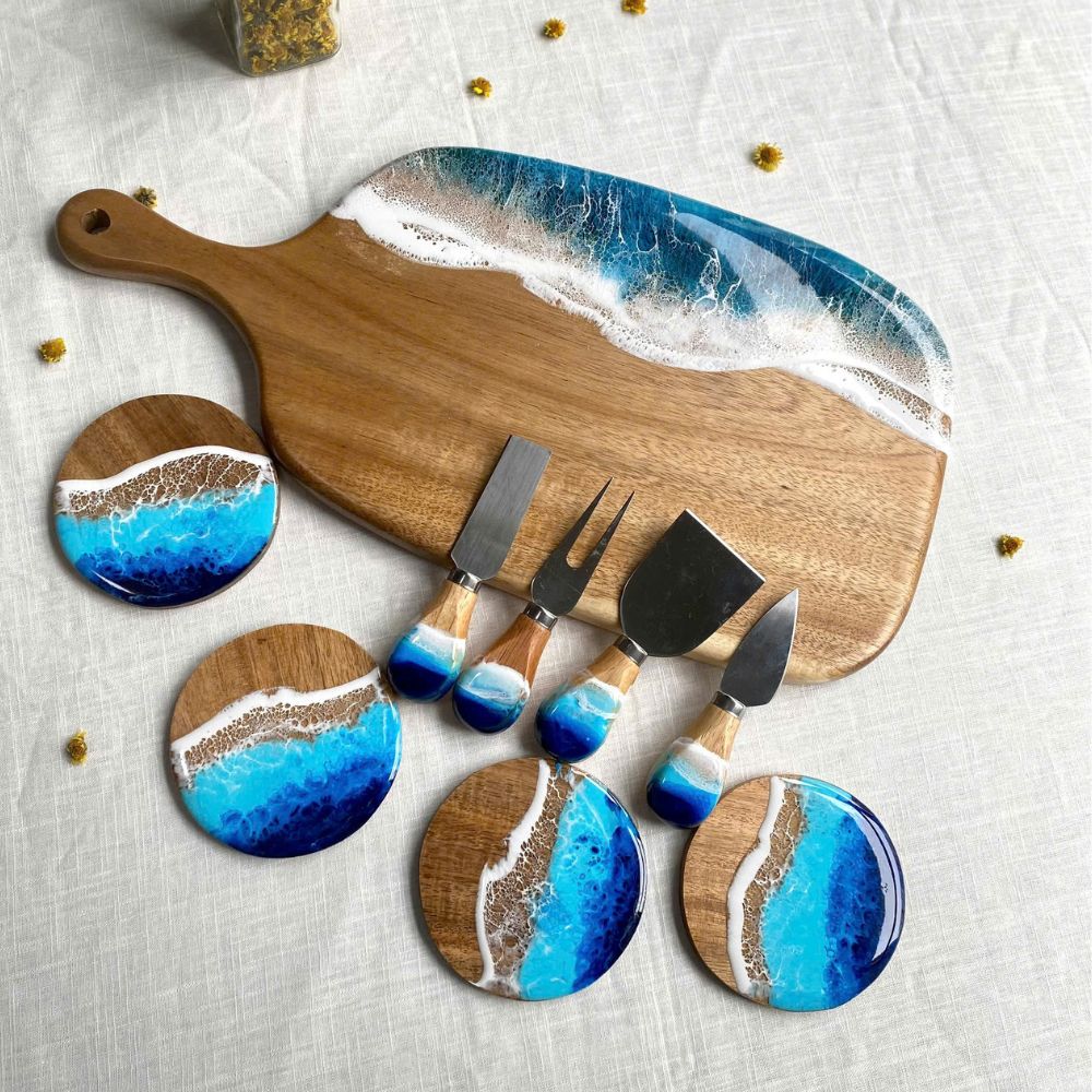 Acacia wood resin cutting board personalized name engraving example