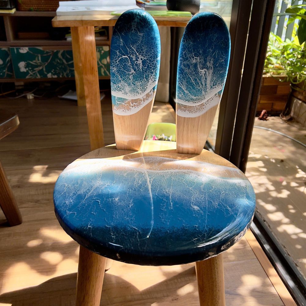 Bunny ear wood resin kids chair with ocean blue resin seat