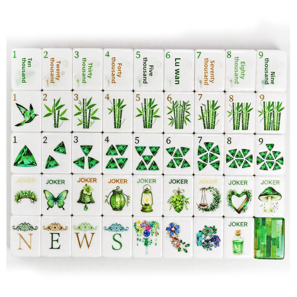Full grid of botanical American mahjong tiles showing bamboo, wildflower, butterfly and mushroom artwork with emerald-cut dot suits and gold wind tiles