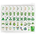 Full grid of botanical American mahjong tiles showing bamboo, wildflower, butterfly and mushroom artwork with emerald-cut dot suits and gold wind tiles
