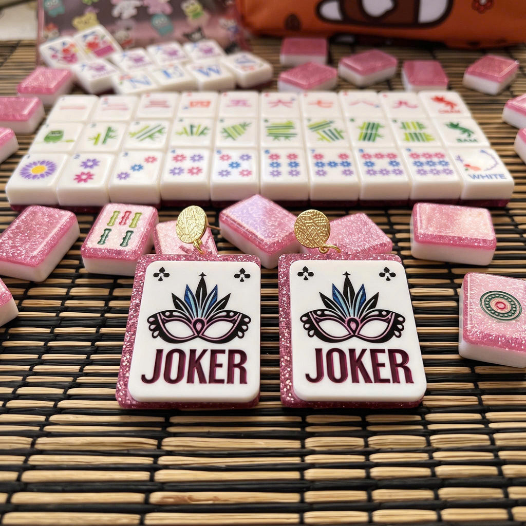 Full glitter pink mahjong tile set with matching Joker card tile earrings