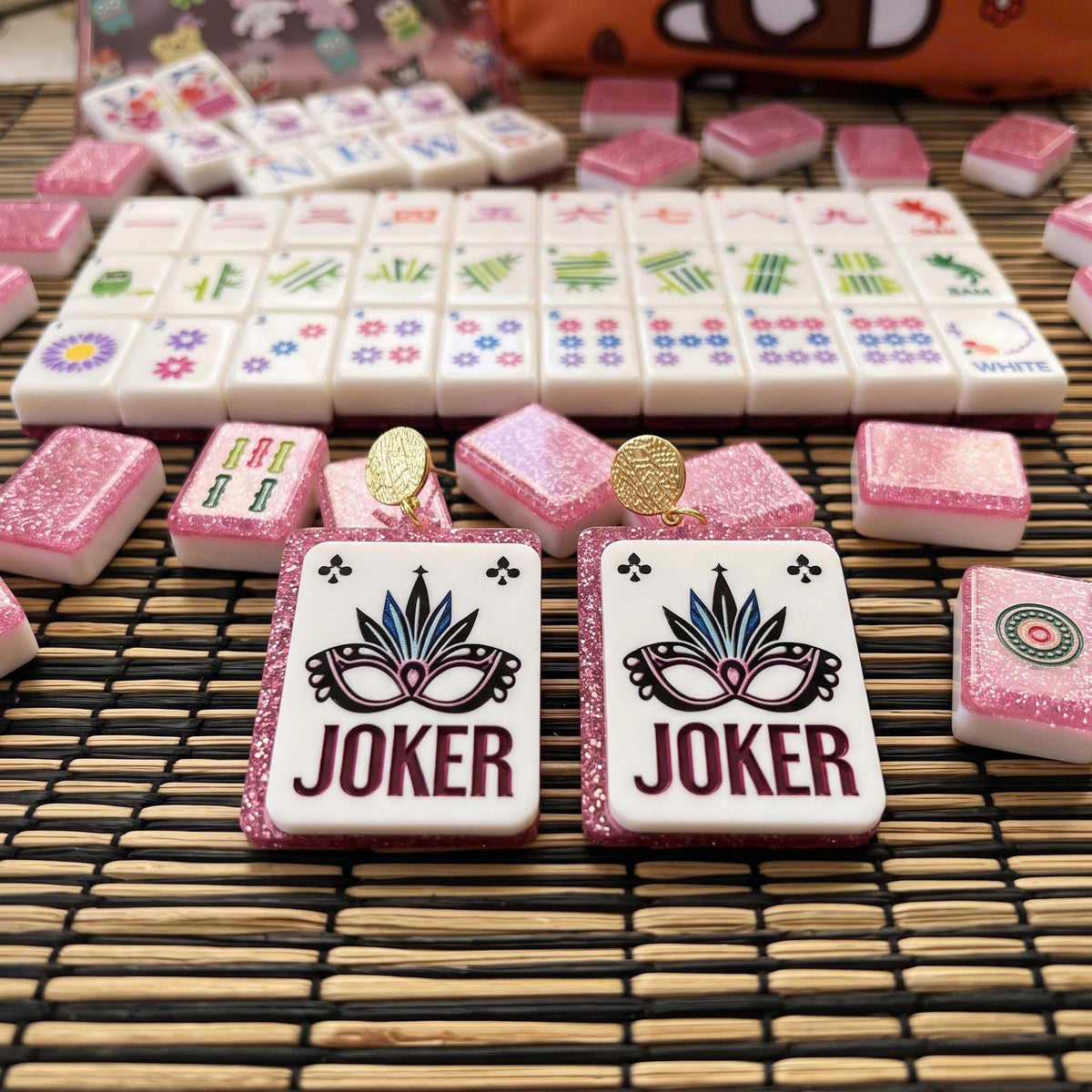 Full glitter pink mahjong tile set with matching Joker card tile earrings