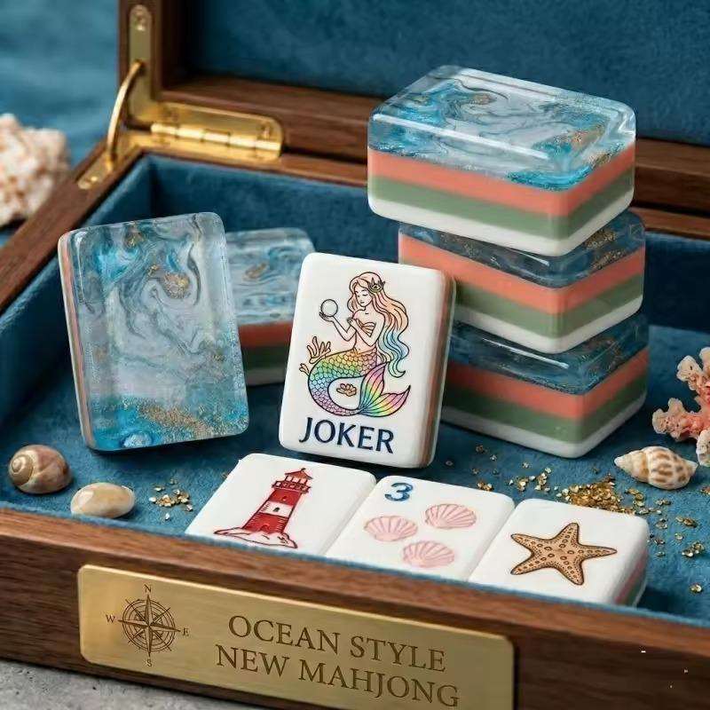 Ocean Theme Mahjong Set (160 Tiles) | Mat + Dice Included | Optional Acrylic Storage Box