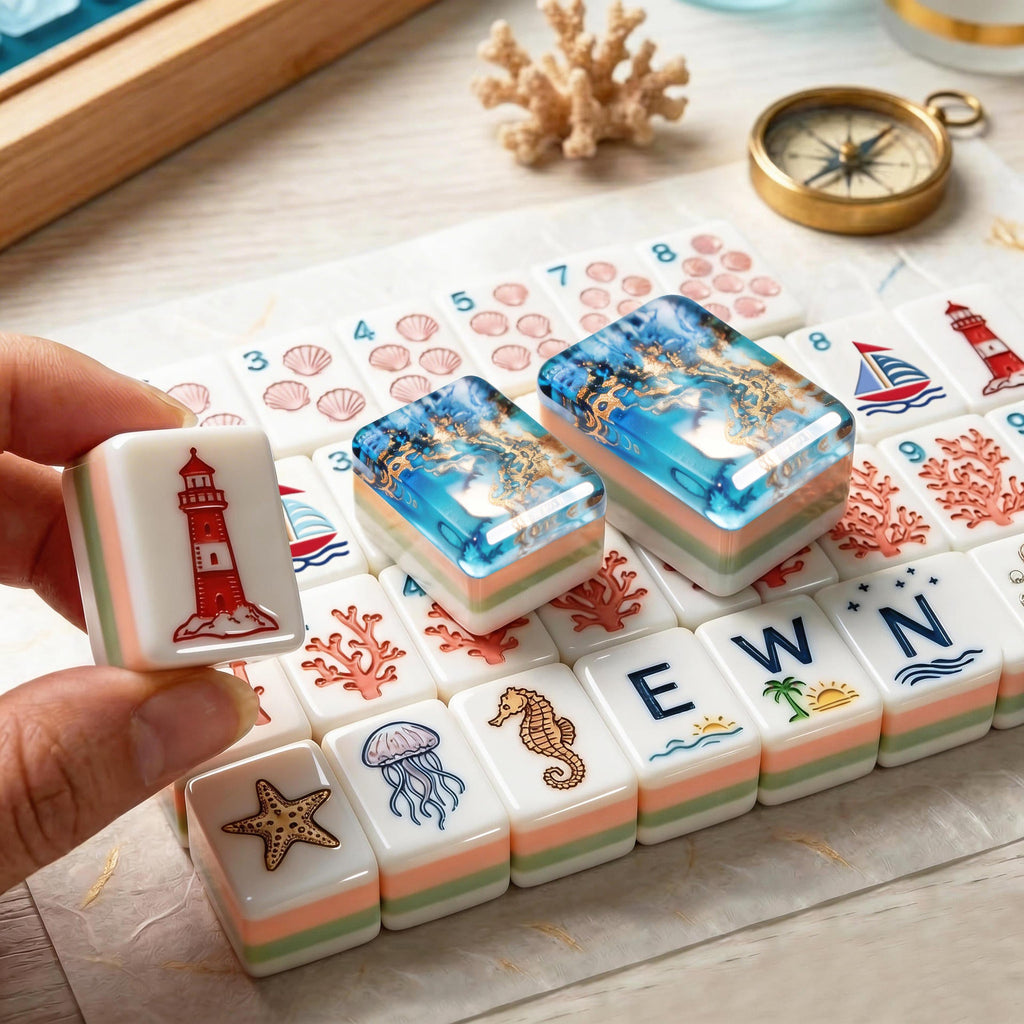 Ocean Theme Mahjong Set (160 Tiles) | Mat + Dice Included | Optional Acrylic Storage Box