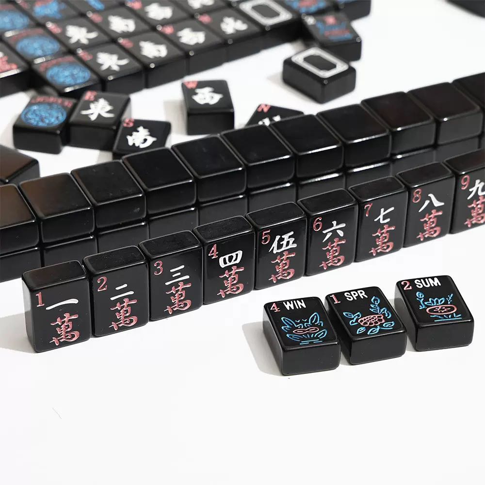 Black Neon Mahjong Set – 166 Tiles (Melamine, Engraving + UV Print)