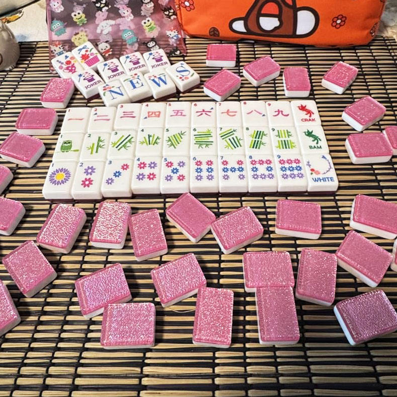 Pink Glitter Mahjong Tile Set – Acrylic Engraved (166 Tiles)