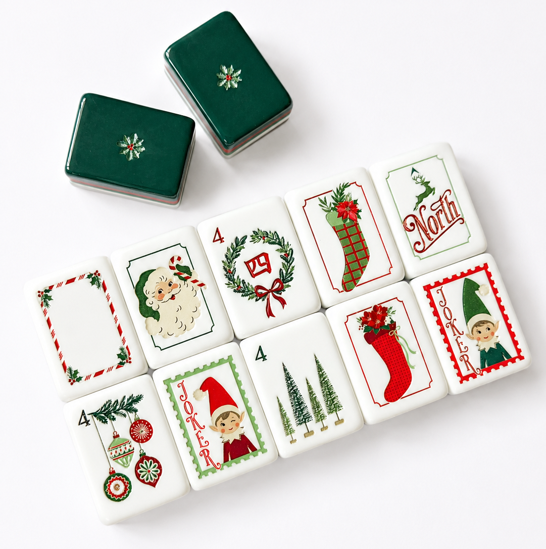 Vintage Illustrated Mahjong Gift Set – Tiles, Dice & Charm Earrings