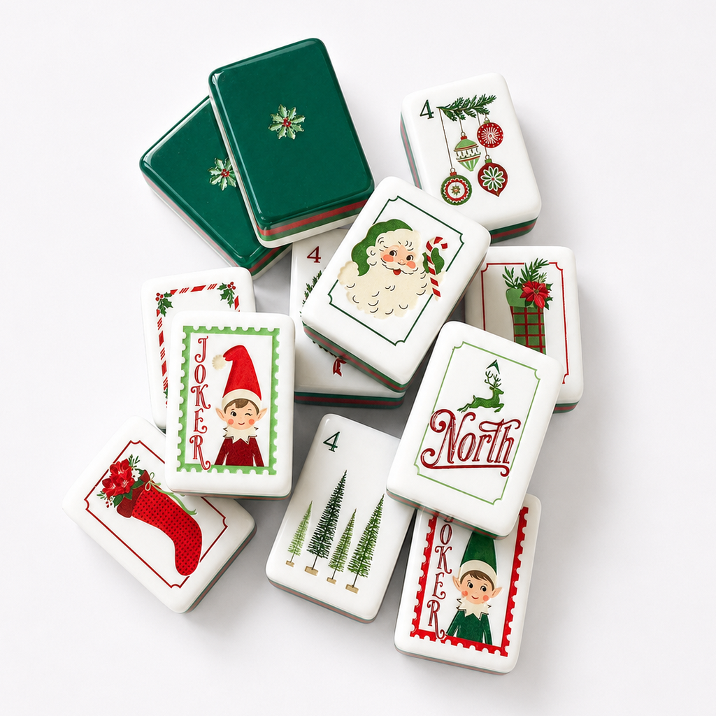 Vintage Illustrated Mahjong Gift Set – Tiles, Dice & Charm Earrings