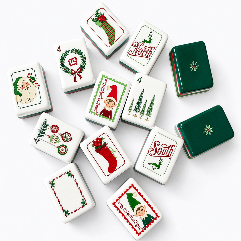 Vintage Illustrated Mahjong Gift Set – Tiles, Dice & Charm Earrings