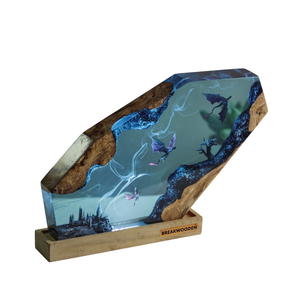 MAGIC WORLD Resin Lamp – Handmade Epoxy Wood Night Light with USB, Gothic Castle LED Desk Lamp for Bedroom Home Decor