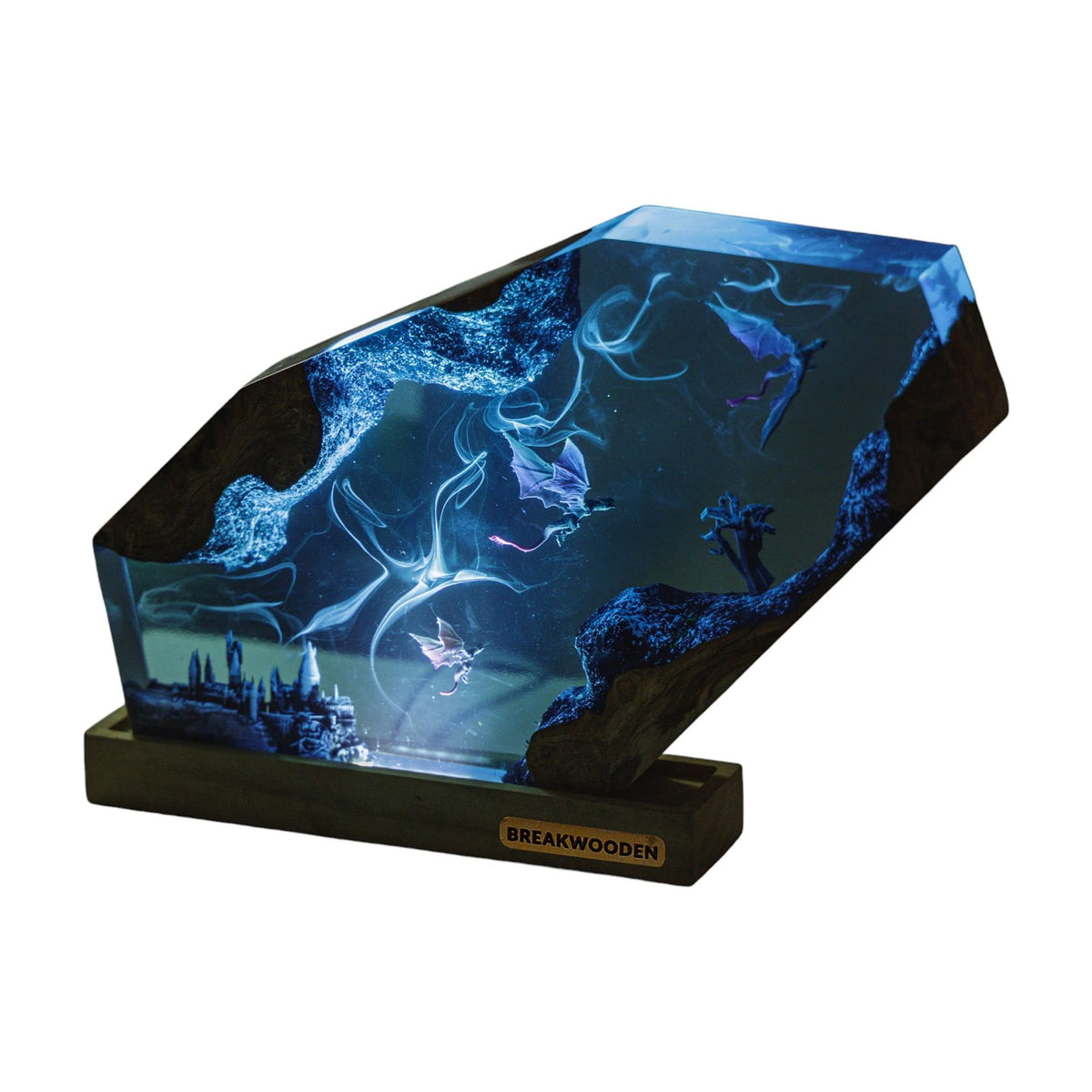MAGIC WORLD Resin Lamp – Handmade Epoxy Wood Night Light with USB, Gothic Castle LED Desk Lamp for Bedroom Home Decor