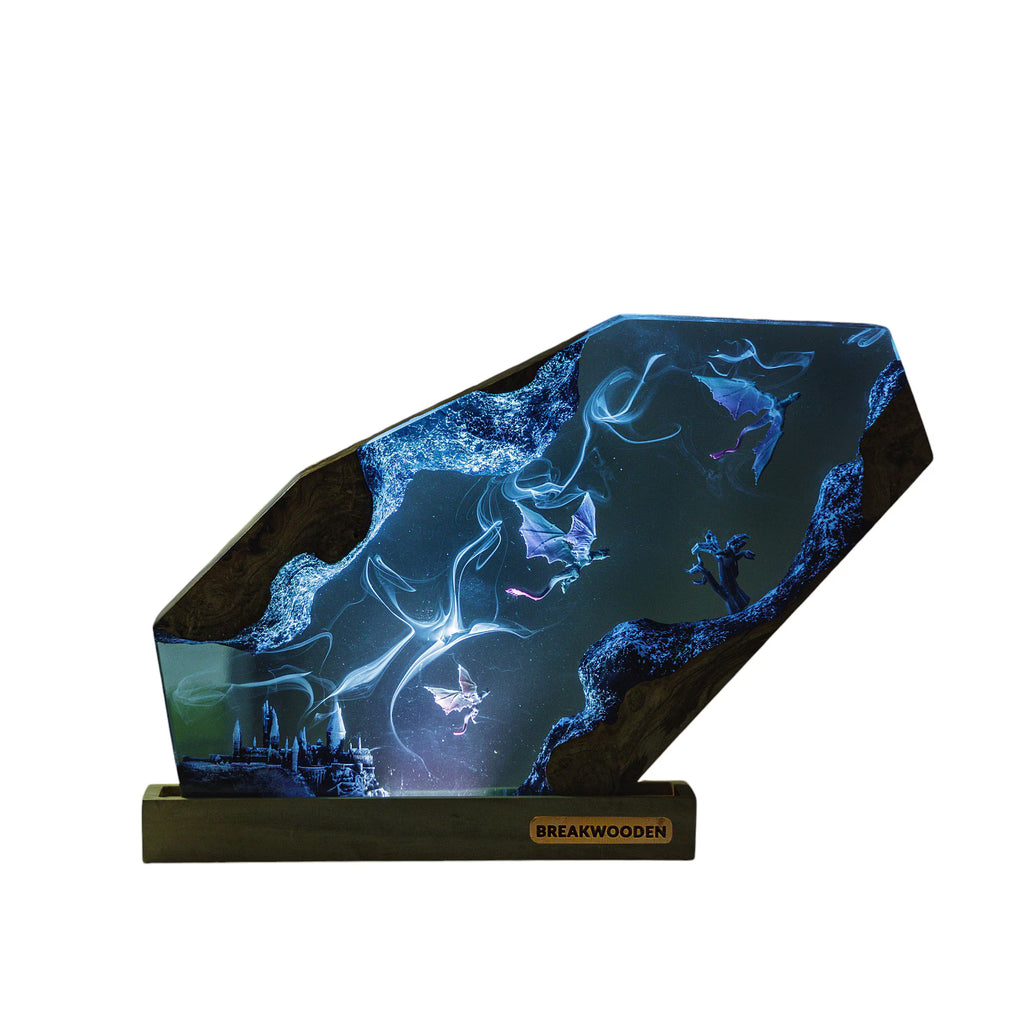 MAGIC WORLD Resin Lamp – Handmade Epoxy Wood Night Light with USB, Gothic Castle LED Desk Lamp for Bedroom Home Decor