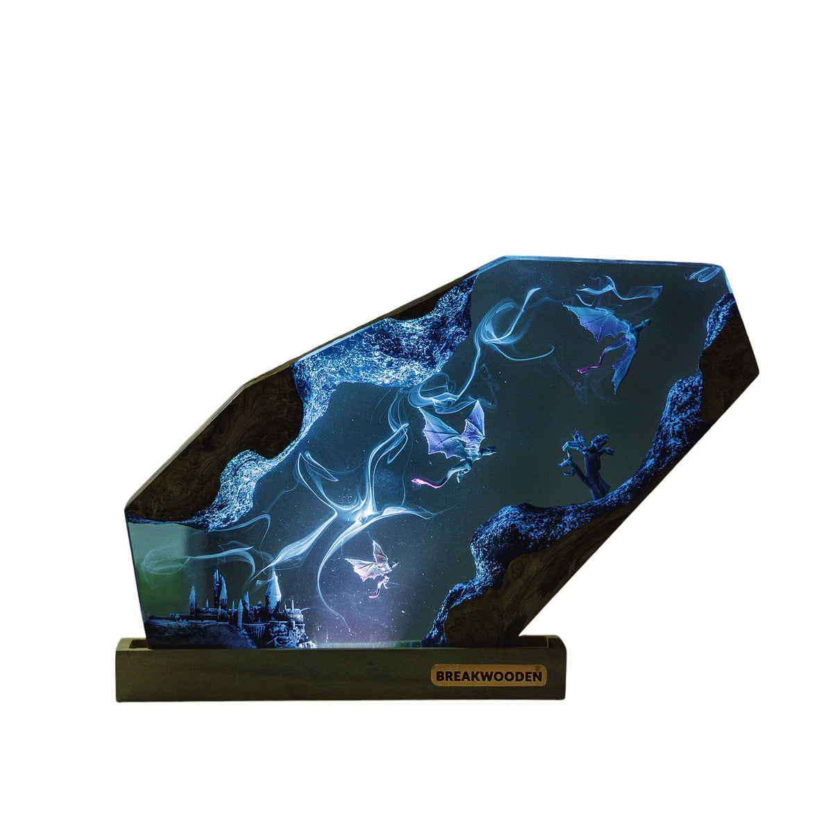 MAGIC WORLD Resin Lamp – Handmade Epoxy Wood Night Light with USB, Gothic Castle LED Desk Lamp for Bedroom Home Decor