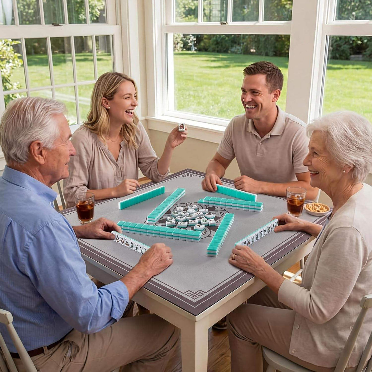 Four family members laughing around a sunlit dining table playing American mahjong with white and turquoise tiles