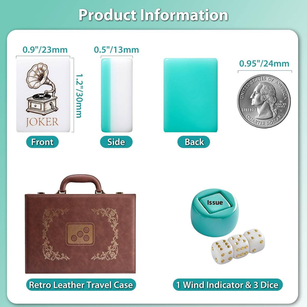 Product specifications: joker tile measuring 30 by 23 by 13 millimetres next to a quarter, brown retro leather travel case, turquoise wind indicator and three dice