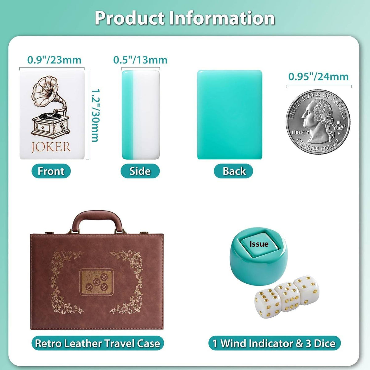 Product specifications: joker tile measuring 30 by 23 by 13 millimetres next to a quarter, brown retro leather travel case, turquoise wind indicator and three dice