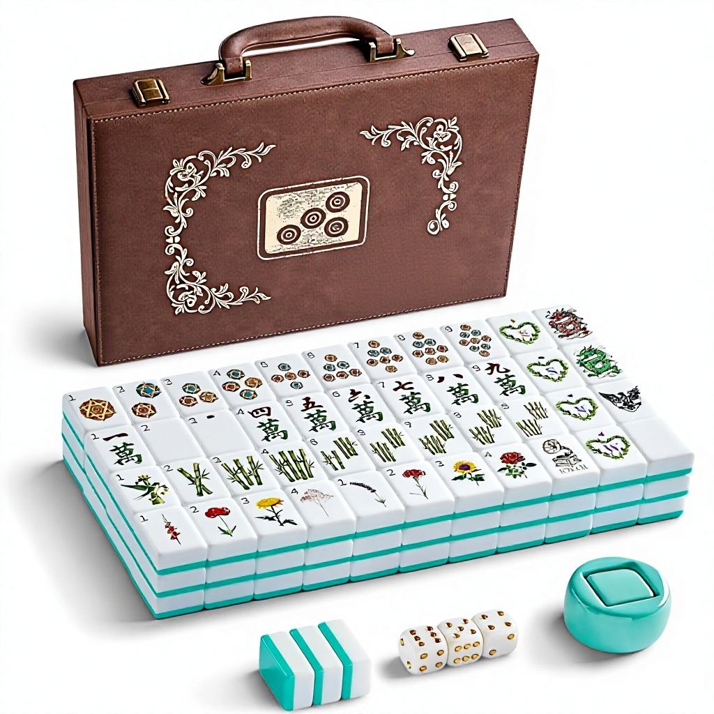Product specifications: joker tile measuring 30 by 23 by 13 millimetres next to a quarter, brown retro leather travel case, turquoise wind indicator and three dice