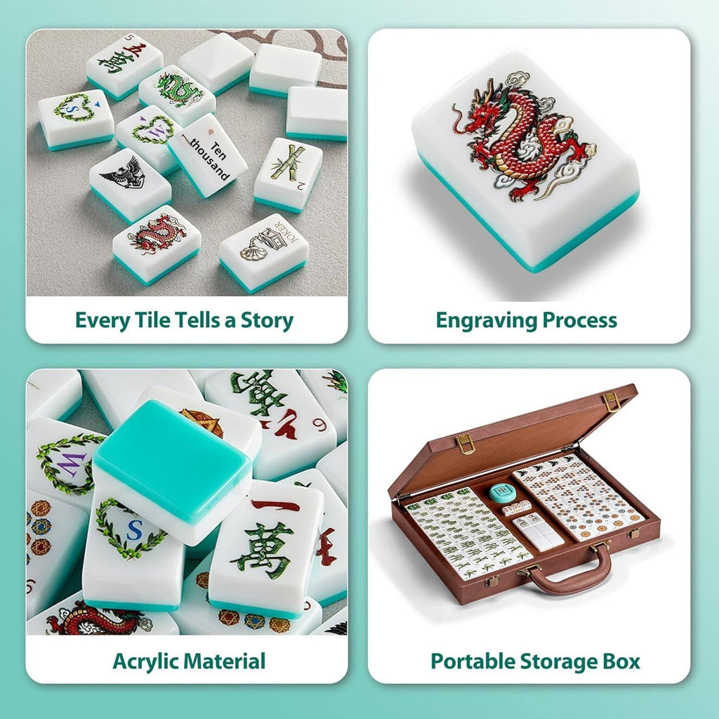Four-panel overview of the American mahjong set: engraved tile faces, a red dragon tile close-up, white acrylic tiles with turquoise backs, and the open brown leather case