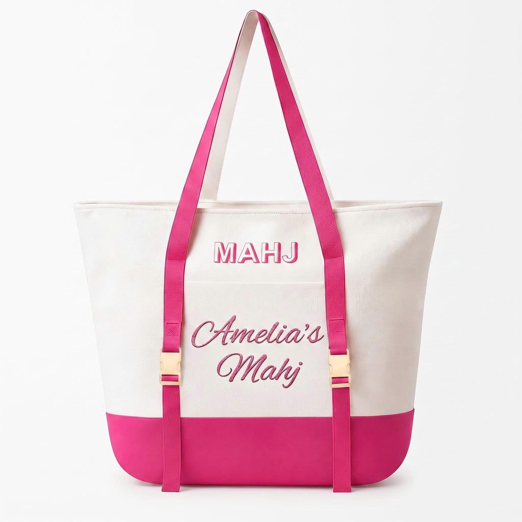 Personalized pink mahjong tote bag embroidered with custom name