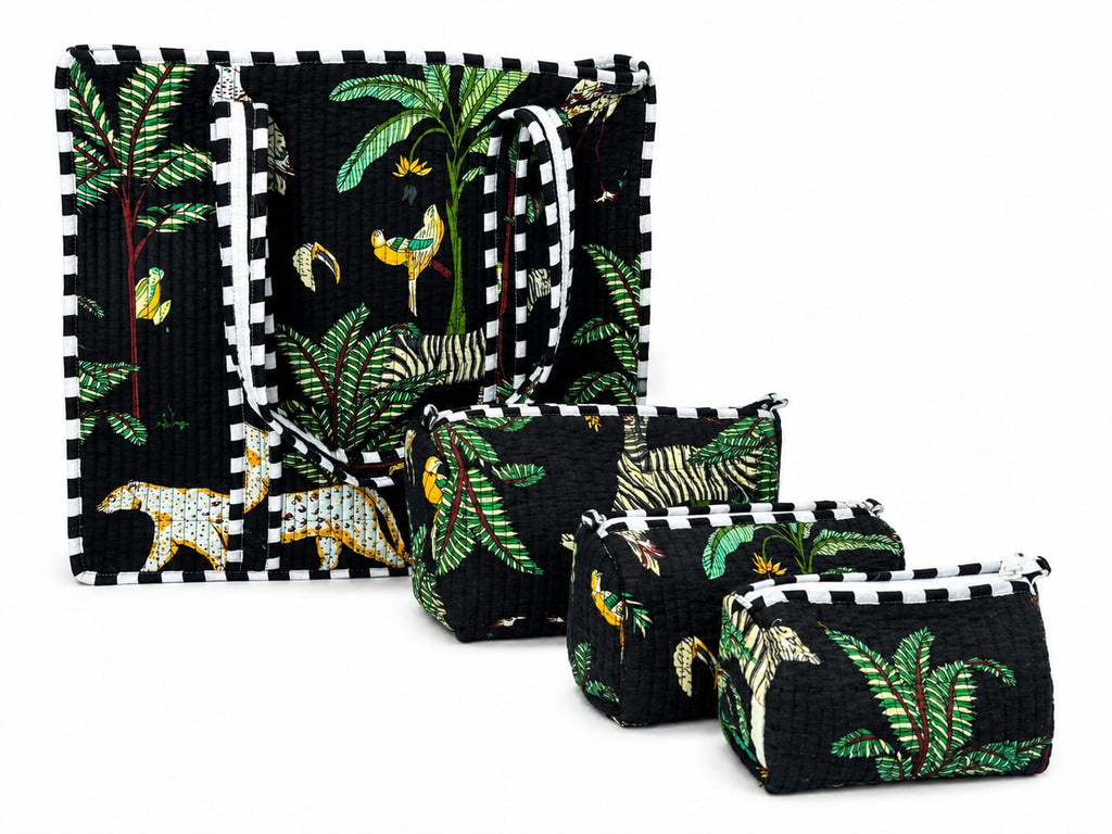 Jungle Safari quilted tote bag set, black print with 3 matching nested pouches