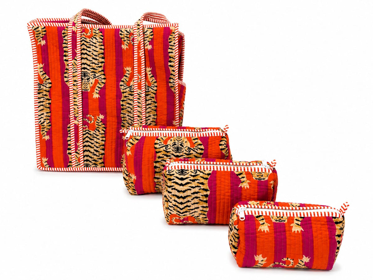 Tiger Stripe quilted tote bag set, orange and pink print with 3 matching nested pouches