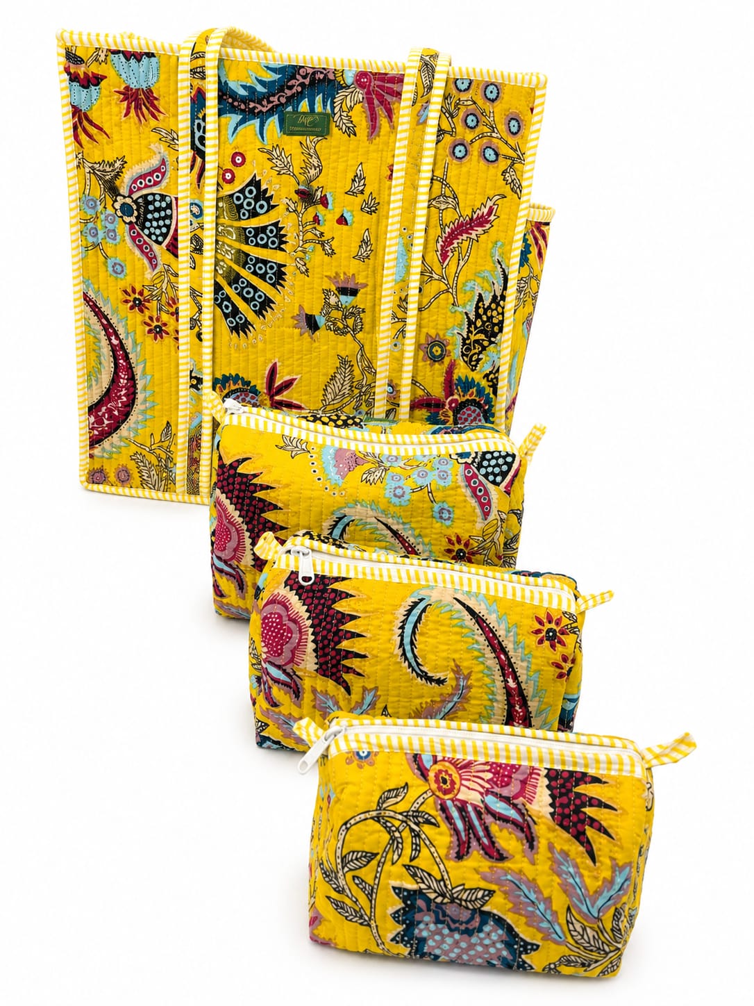 	Golden Paisley quilted tote bag set, yellow floral print with 3 matching nested pouches
