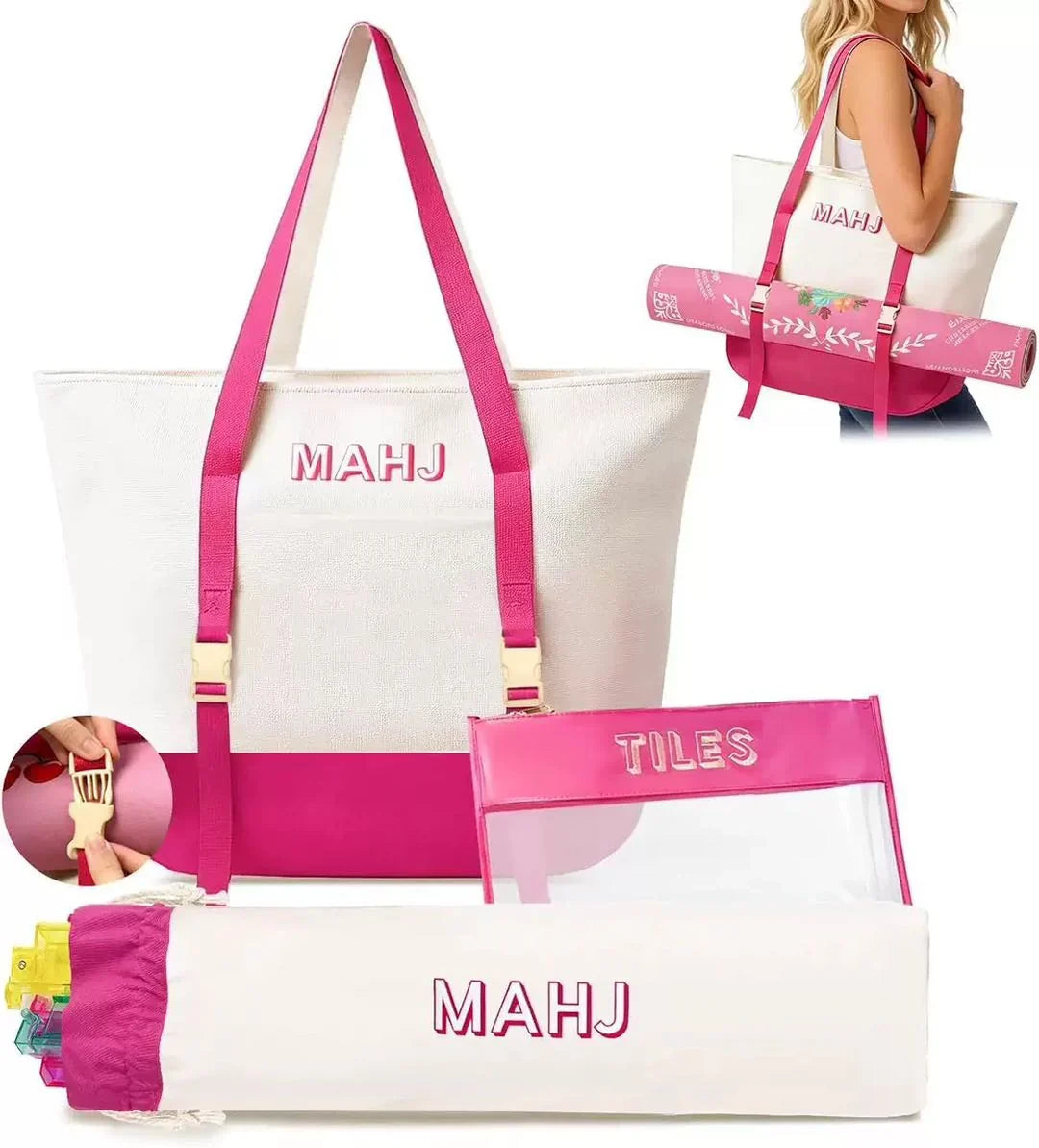 	Mahjong tote bag set with tile pouch and rack bag, MAHJ embroidery