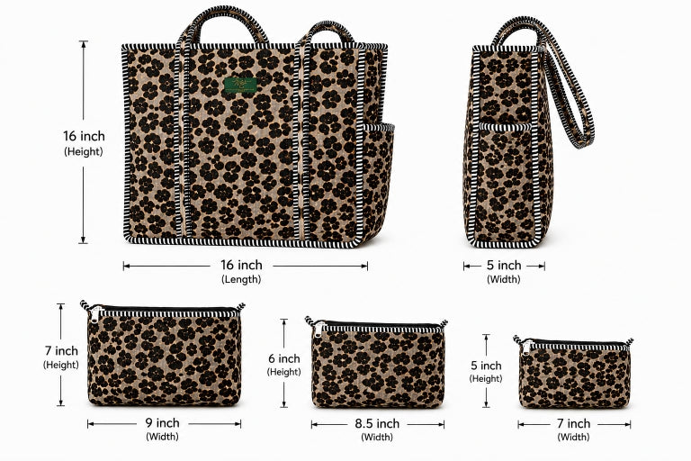 Quilted tote bag set with 3 nested pouches — 16 inch tote fits everything from keys to a full mahjong set