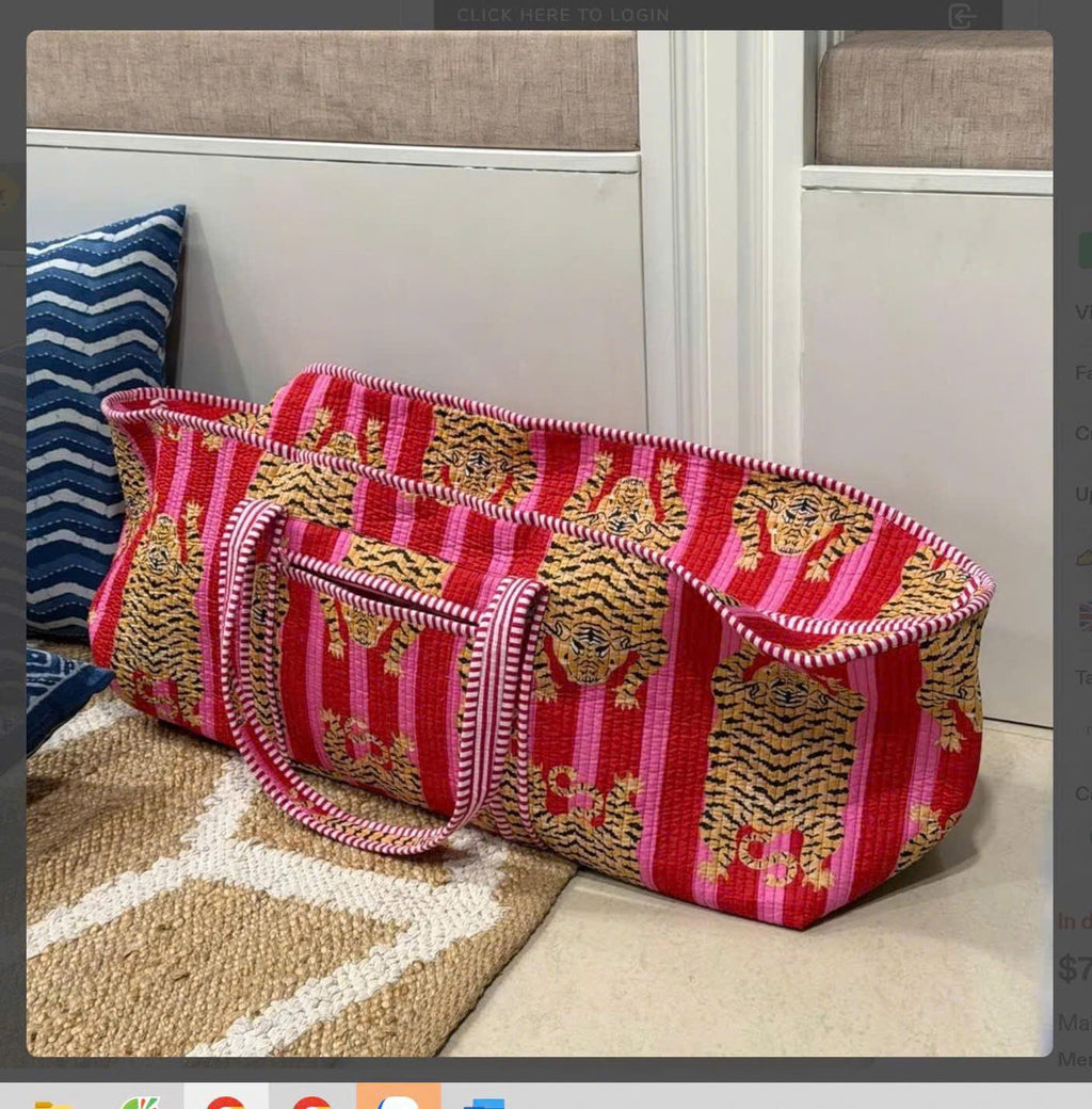 	Tiger print quilted carry bag with rolled yoga mat, long tote for yoga or mahjong nights