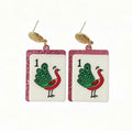 Mahjong Peacock Tile Dangle Earrings – Pink Glitter Edges