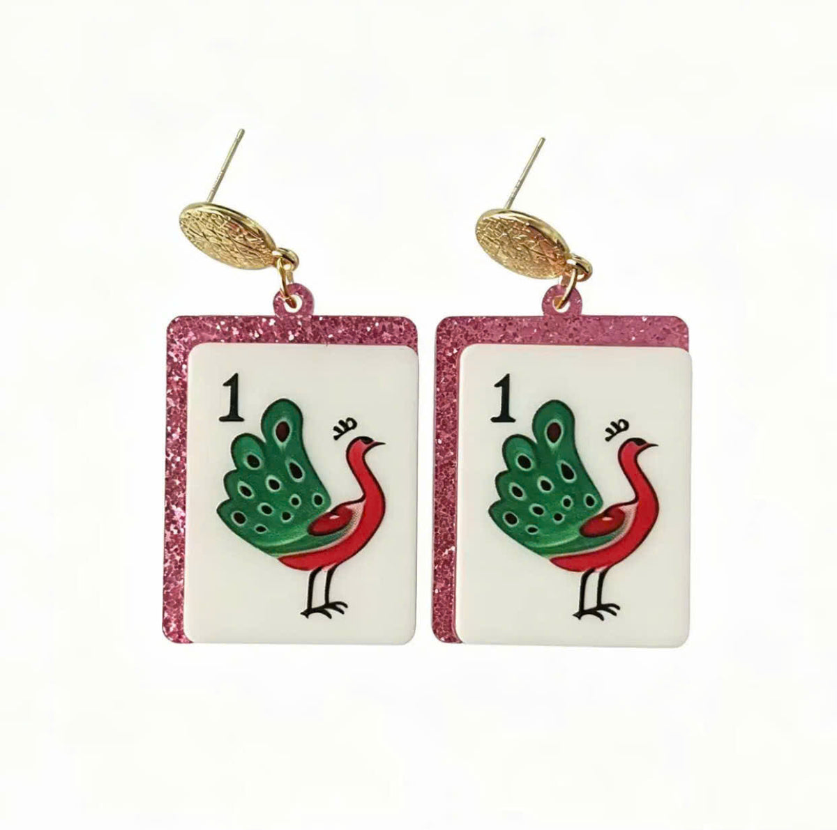 Mahjong Peacock Tile Dangle Earrings – Pink Glitter Edges
