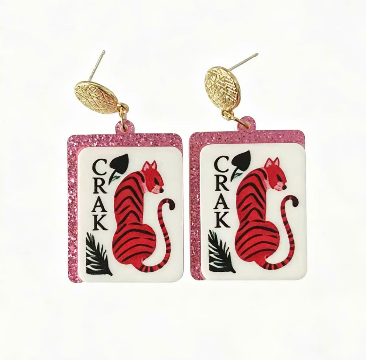 Crak Tiger Mahjong Tile Dangle Earrings – Pink Glitter Edges