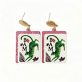 Bam Tiger Mahjong Tile Dangle Earrings – Pink Glitter Edges