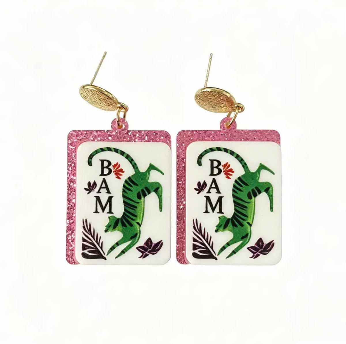 Bam Tiger Mahjong Tile Dangle Earrings – Pink Glitter Edges