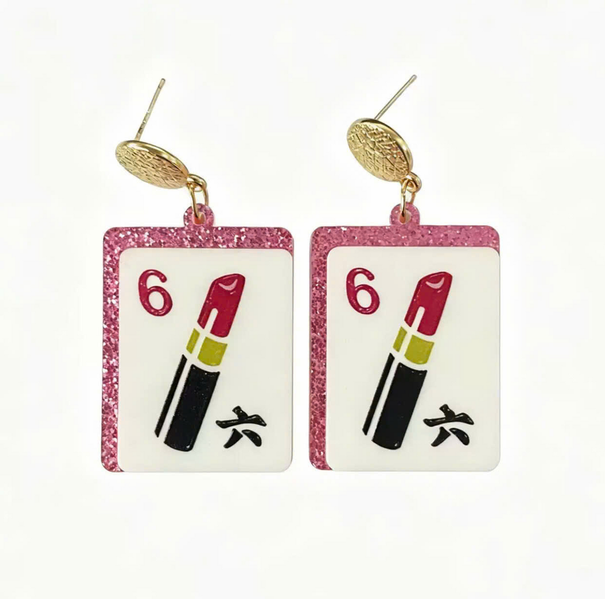 Lipstick "6" Mahjong Tile Dangle Earrings – Pink Glitter Edges
