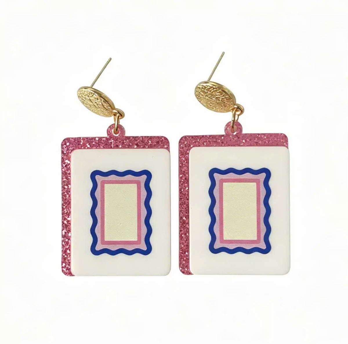Blank Mahjong Tile Dangle Earrings – Pink Glitter Edges