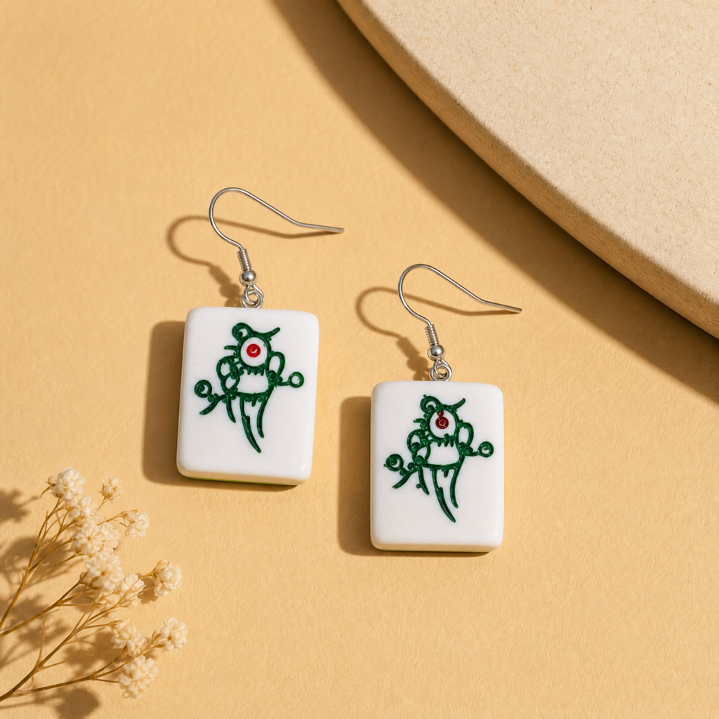 Mahjong Tile Earrings - "Green Dragon" Lucky Charm