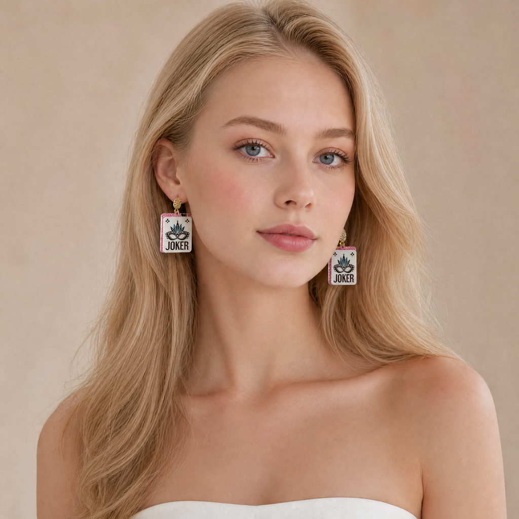 Model wearing pink glitter Joker mahjong tile earrings