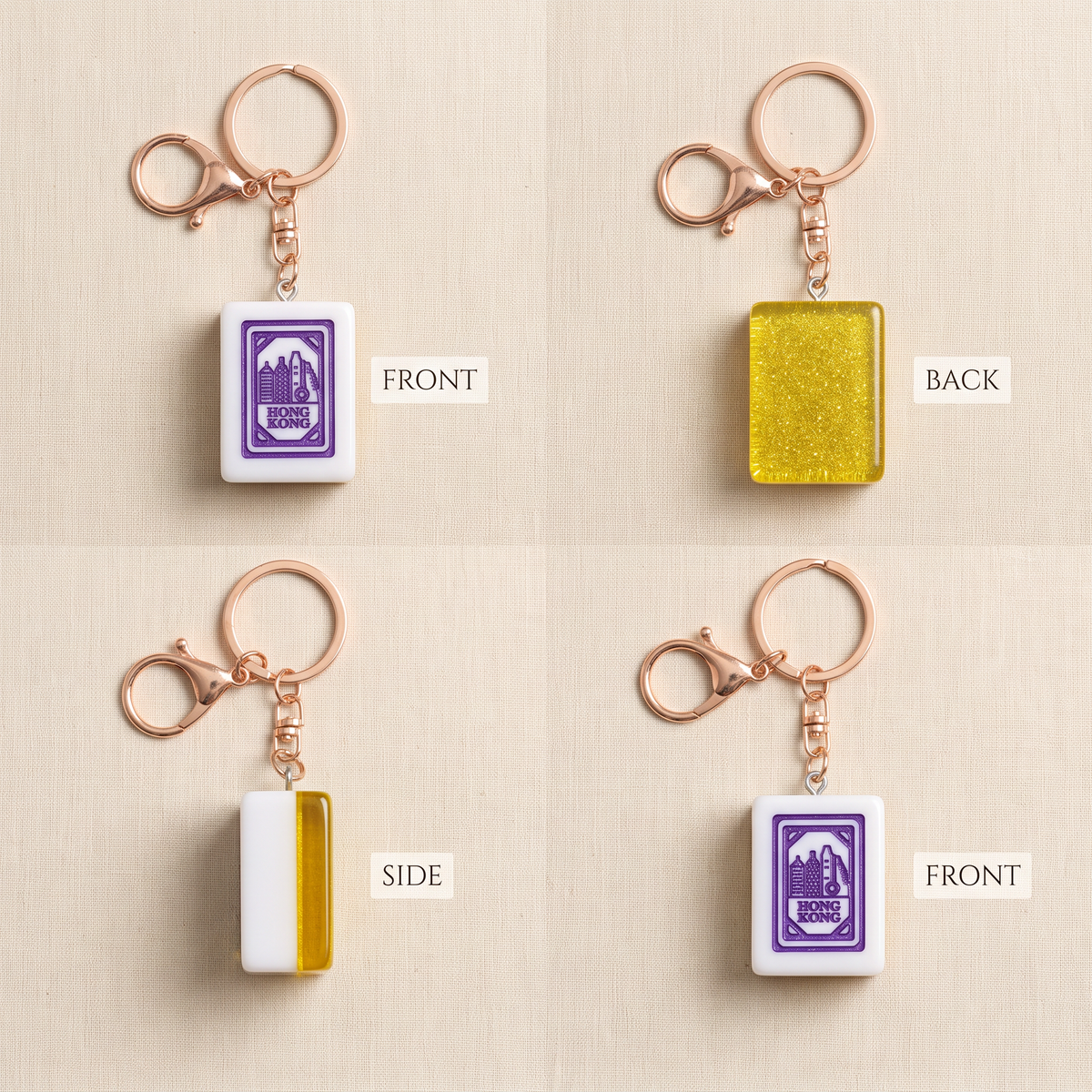 Hong Kong Mahjong Tile Keychain – Purple Engraved Resin Charm
