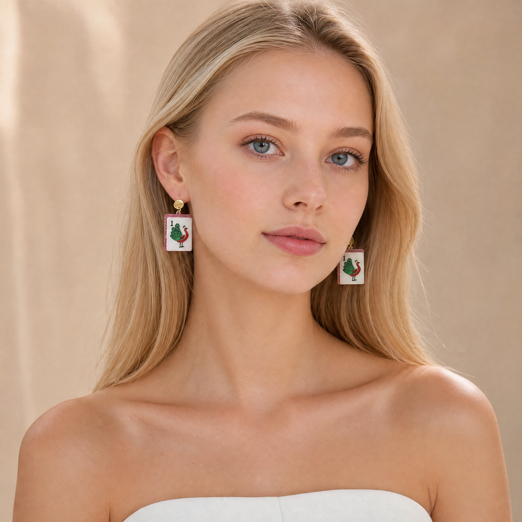 Mahjong Peacock Tile Dangle Earrings – Pink Glitter Edges
