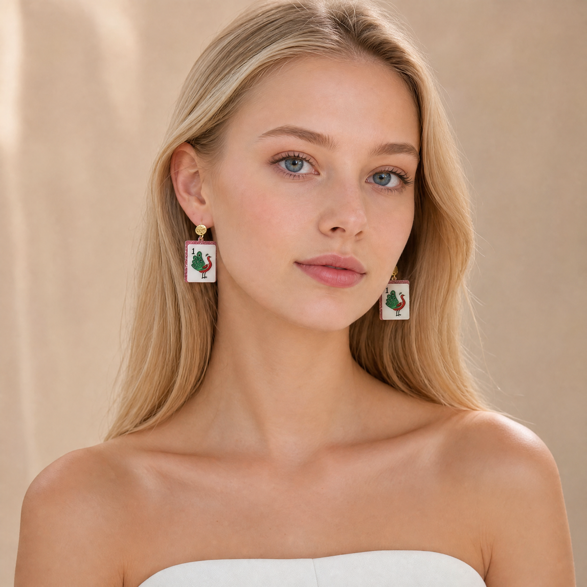 Mahjong Peacock Tile Dangle Earrings – Pink Glitter Edges