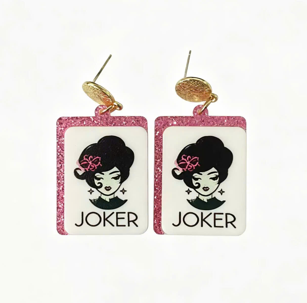 Joker Girl Mahjong Tile Earrings – Pink Glitter Edge