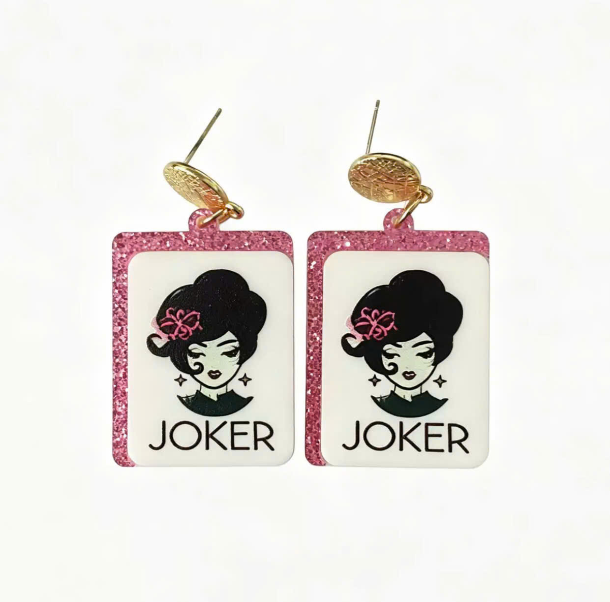 Joker Girl Mahjong Tile Earrings – Pink Glitter Edge