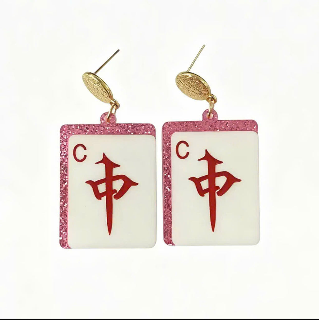 Red Dragon "C" Mahjong Tile Dangle Earrings – Pink Glitter Edges