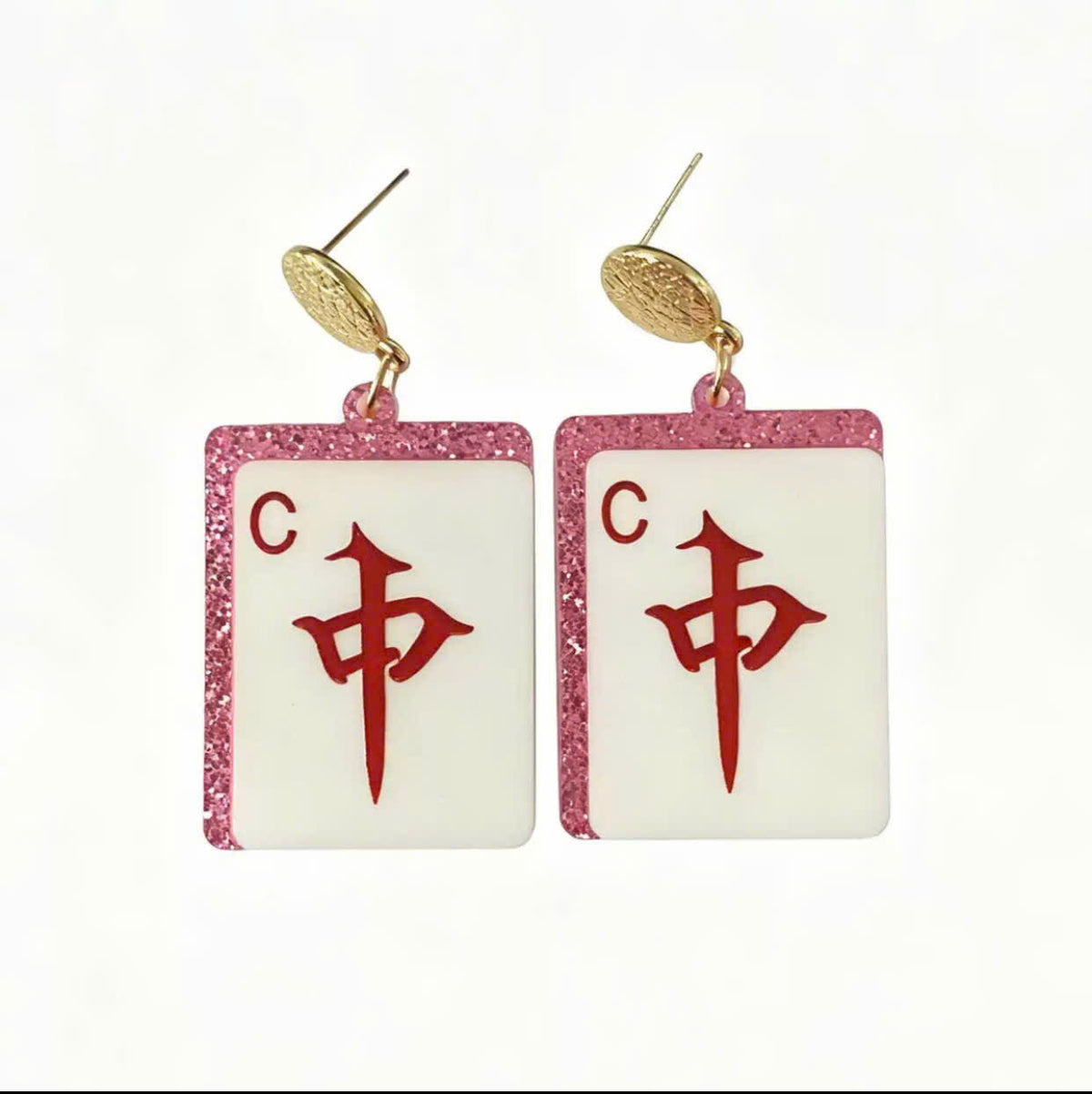 Red Dragon "C" Mahjong Tile Dangle Earrings – Pink Glitter Edges