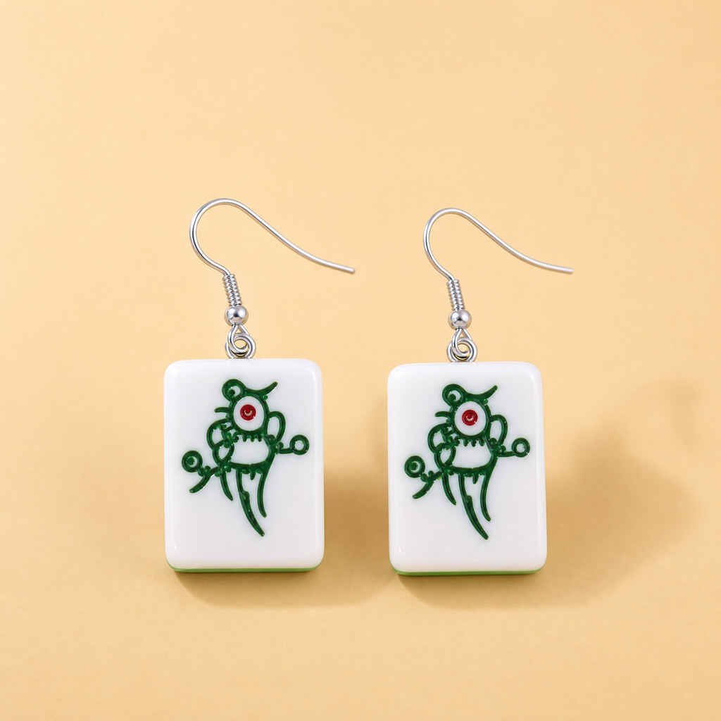 Mahjong Tile Earrings - "Green Dragon" Lucky Charm